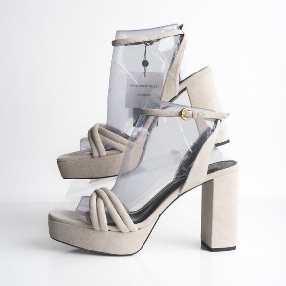Massimo Dutti Womens Ivory Suede Strappy Platform Pumps heels US 11 EU 42 - Picture 6 of 12